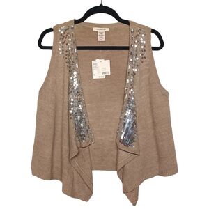 COVINGTON Metallic Silver Sequin Sleeveless Brown Knit Cardigan Sweater S NWT